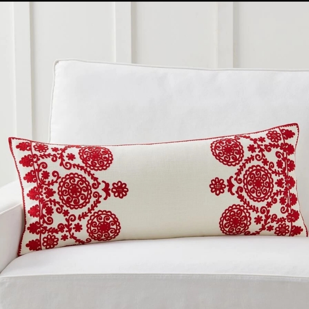 NWT Pottery Barn Elise Cewel Red & White Embroidered Nordic Lumbar Pillow Cover